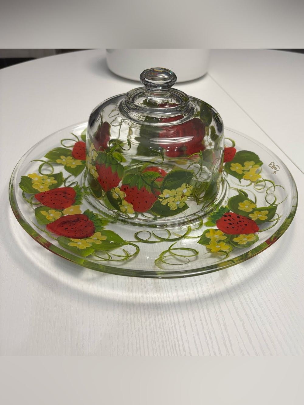 Vintage L. Elliott Signed Hand Painted Glass Cheese Dome Cloche Platter